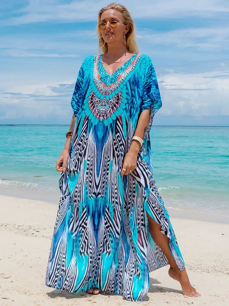 Bohemian Seaside Plus Size Print Kaftan Maxi Dress V Neck Slit Loose Robe Women, Summer Beachwear Swimsuit Cover-ups