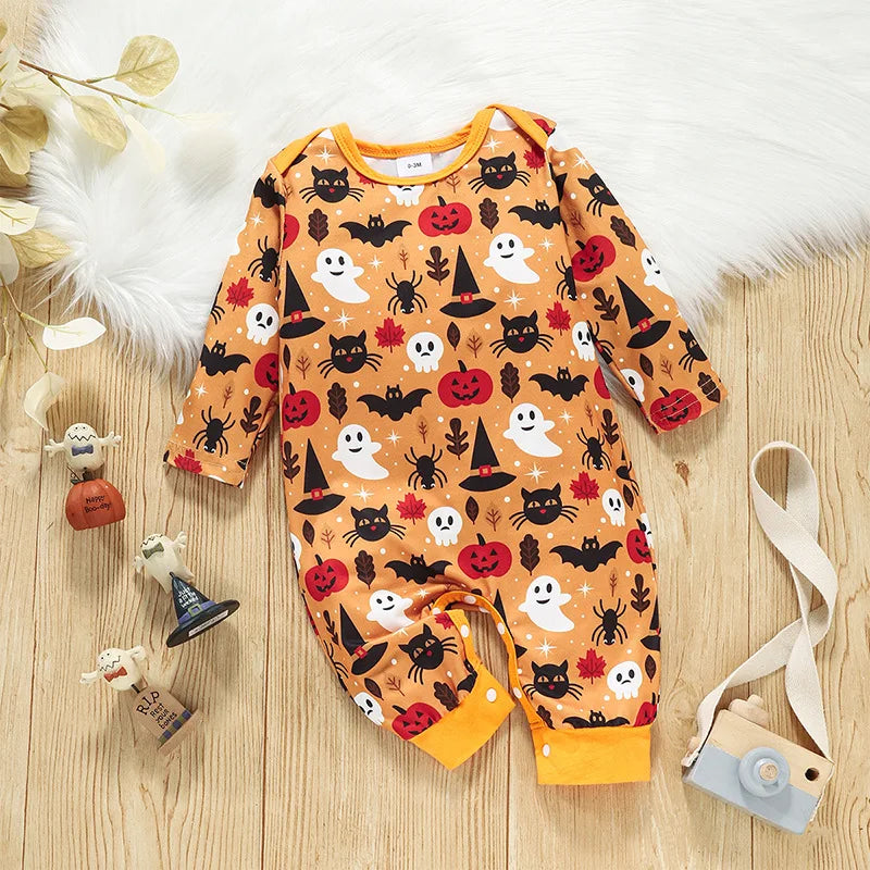 Spring and Autumn New Halloween Infant and Female Baby Bodysuit Round Neck Long sleeved Adjustable Split Bodysuit