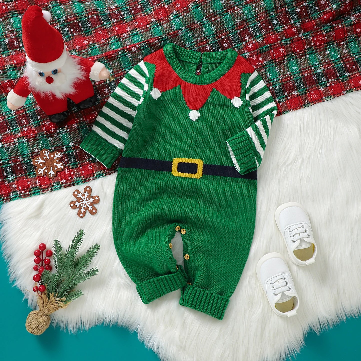 Baby Boy Girl Christmas Romper Knitted With Santa Green Christmas Jumpsuit New Year Costume Newborn Knit Christmas Clothes 0-24M