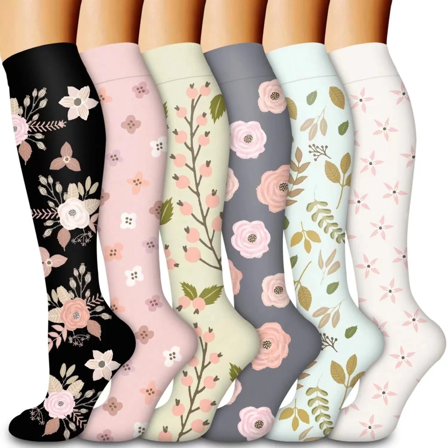 6 PAIRS Flowers Animal Fruit Compression Socks for Men Women Running Nurse Socks Nurses Sport Ladies Lady Womens Running