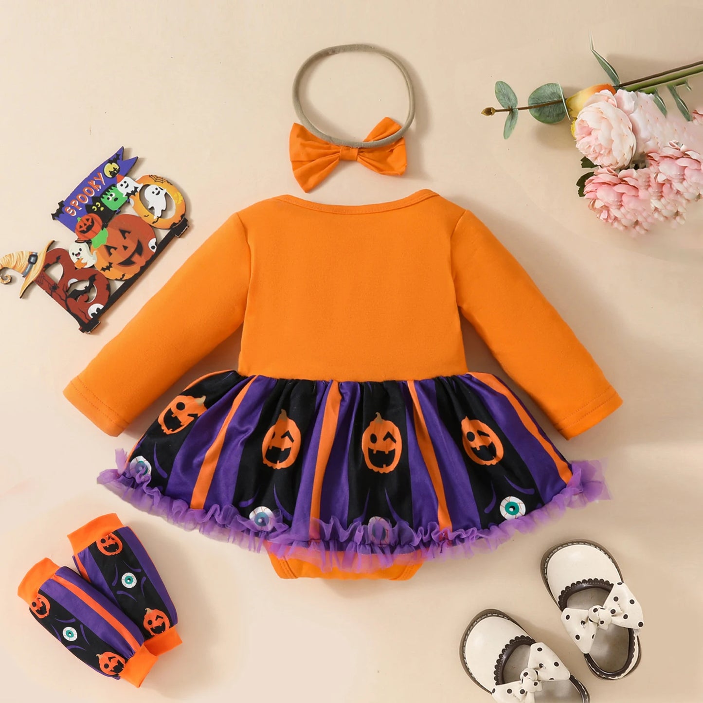 Halloween Newborn Infant Toddler Baby Girl Romper Letter Pumpkin Ghost Print Tulle Jumpsuit Headband Leg Warmers 0-18M