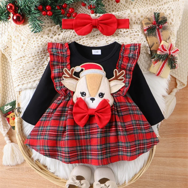 Baby Girl Christmas Dress 2pcs Ruffle Long Sleeve Reindeer Embroidery Plaid Print Dress with Headband 0-24M Infant