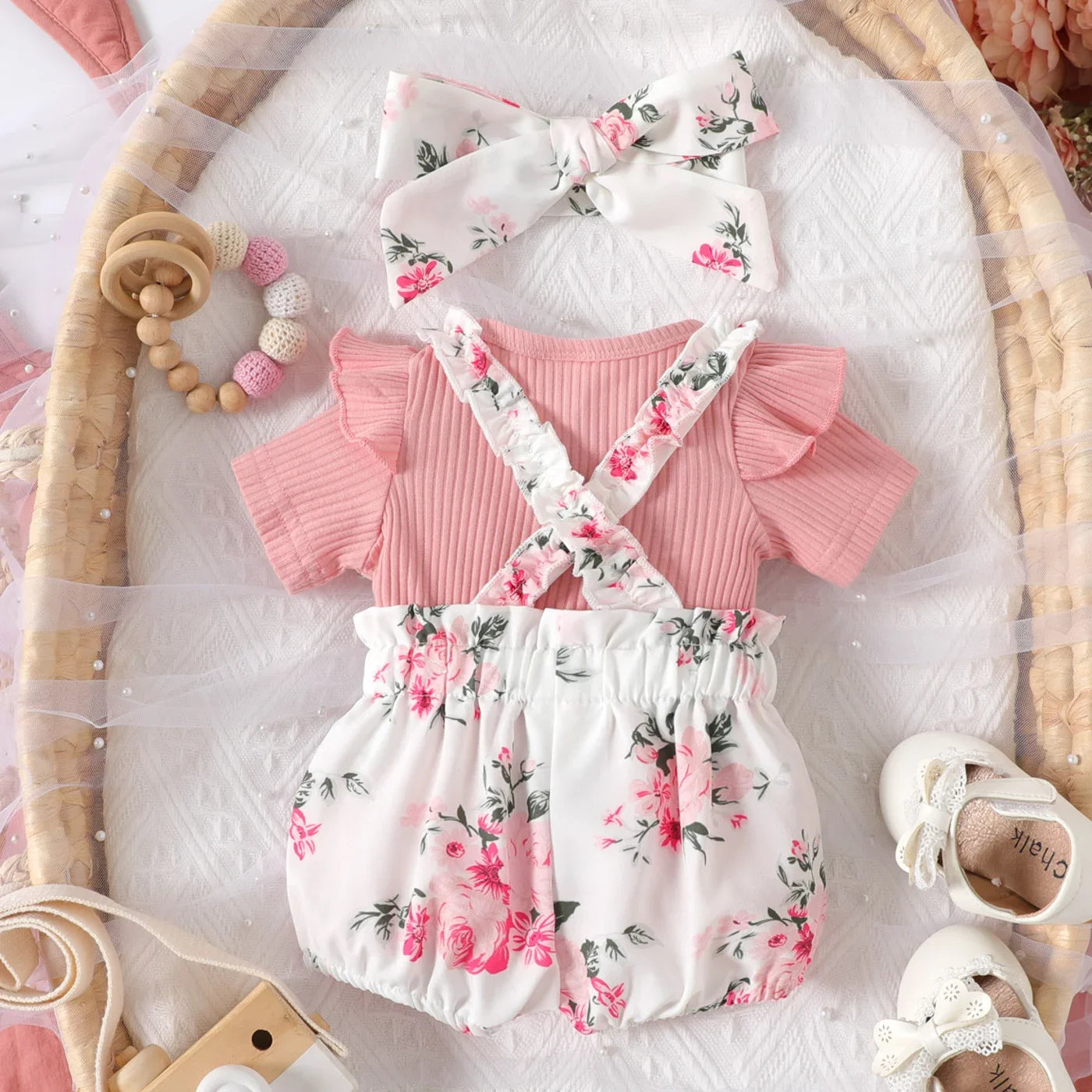 Baby Girl Solid Cotton Ribbed Ruffle Short-sleeve Romper and Floral Print Suspender Shorts & Headband Set 3pcs