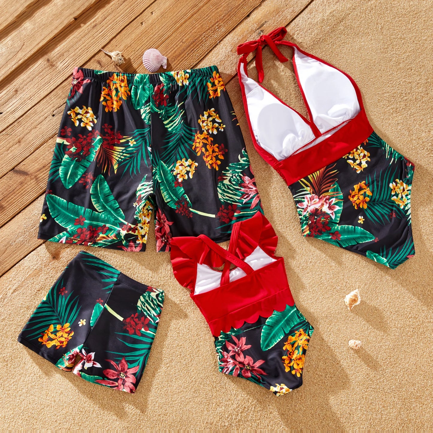 Family Matching Floral Drawstring Swim Trunks or Red Halter Top Spliced Swimsuit Suitable for Summer Season