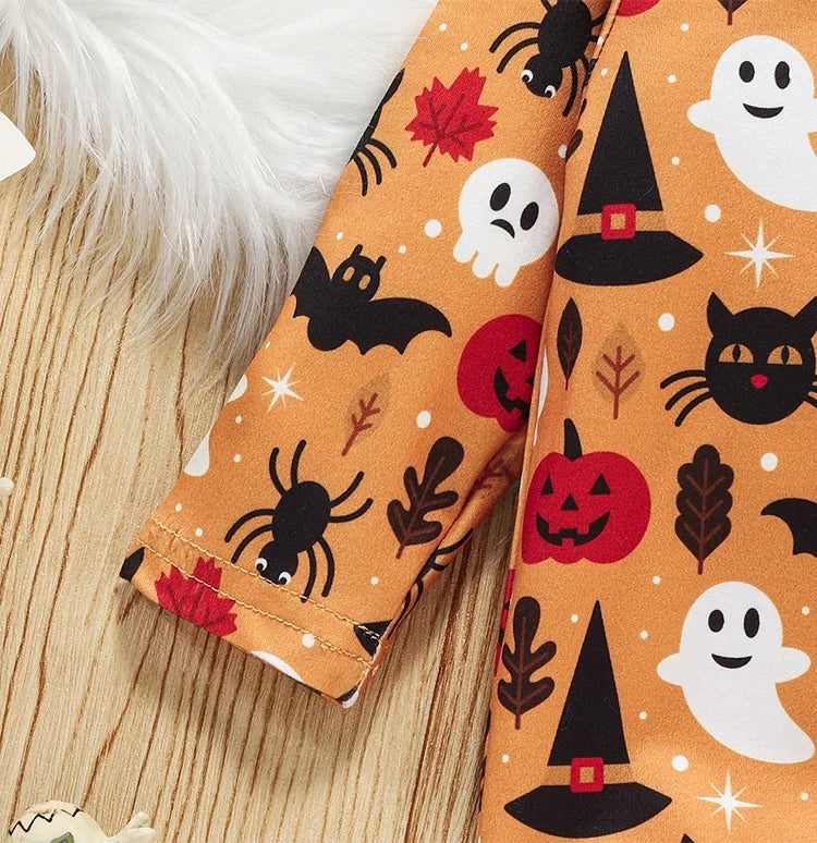 Spring and Autumn New Halloween Infant and Female Baby Bodysuit Round Neck Long sleeved Adjustable Split Bodysuit