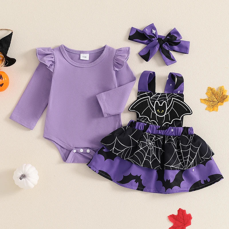 Newborn Baby Girls Halloween Clothes Sets Flying Sleeve Rompers Pumpkin/Ghost Embroidery Suspender Skirts Headband Outfits