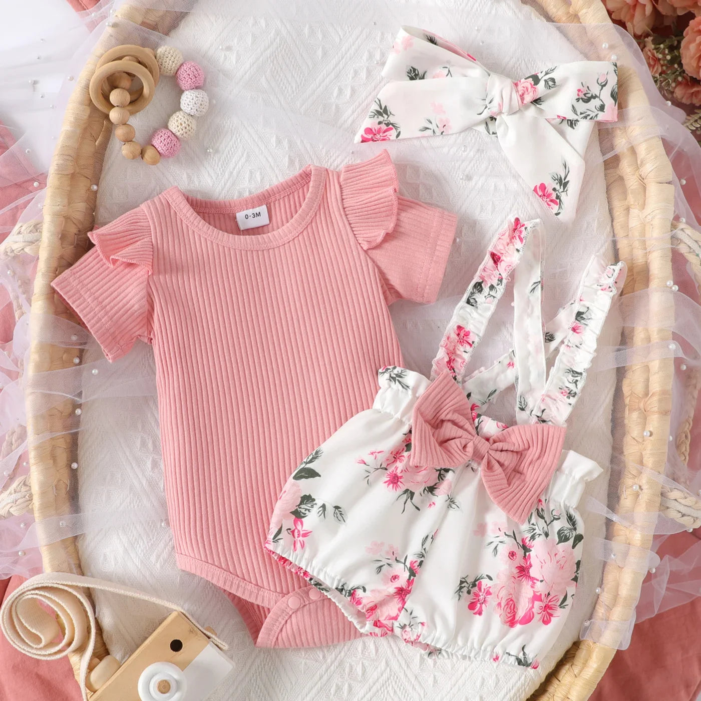 Baby Girl Solid Cotton Ribbed Ruffle Short-sleeve Romper and Floral Print Suspender Shorts & Headband Set 3pcs