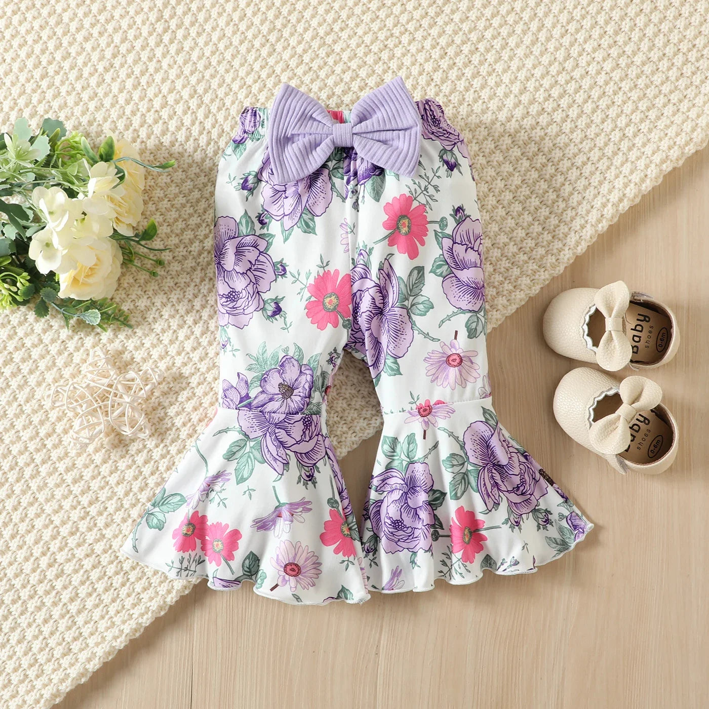 PatPat 3pcs Baby Girl 95% Cotton Ribbed Ruffle Hem Cami Top and Bow Front Floral Print Flared Pants & Headband Set