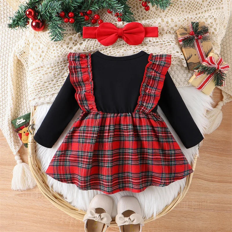 Baby Girl Christmas Dress 2pcs Ruffle Long Sleeve Reindeer Embroidery Plaid Print Dress with Headband 0-24M Infant