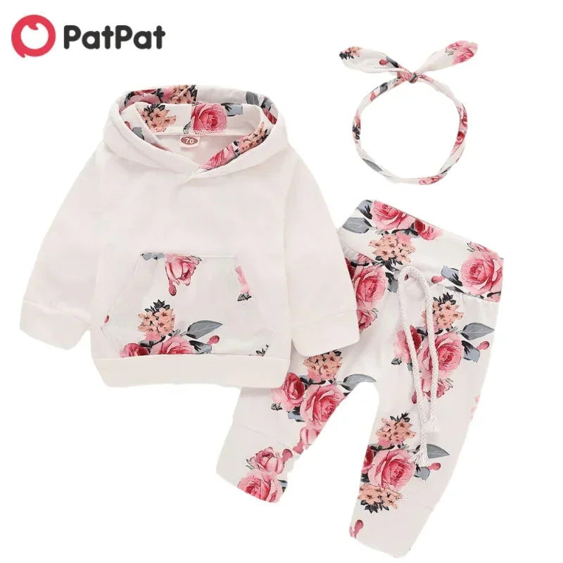 Baby Girl Clothes 95% Cotton Long-sleeve Hoodie and Floral Print Pants with Headband Baby Clothing Sets 3pcs