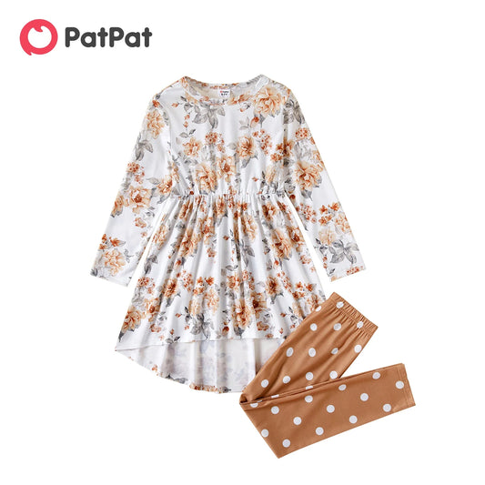 PatPat 2pcs Kid Girl Floral Print High Low Long-sleeve Tee and Polka Dots Leggings Sets Soft and Comfortable Basic Style