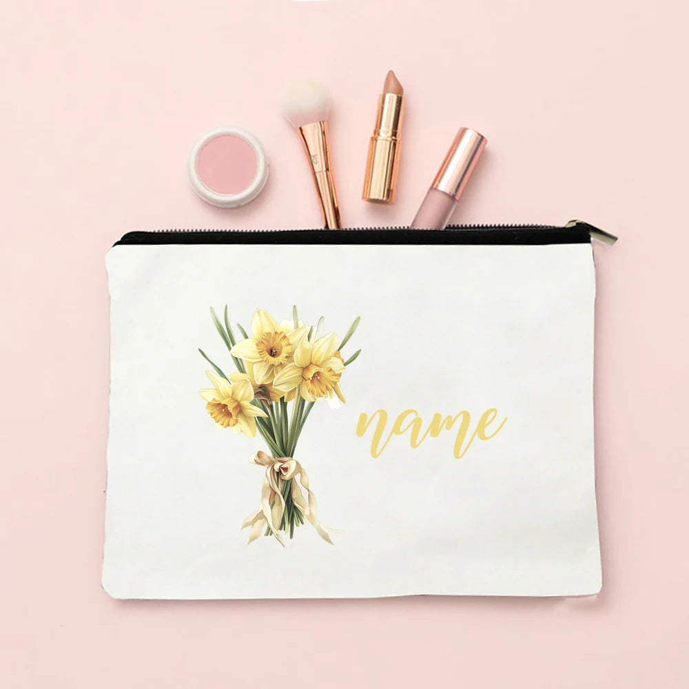 Personalized Makeup Bag Birth Month Flower with Name Cosmetic Case Monogram Toiletry Bags Wendding Birthday Holiday Gift for Her