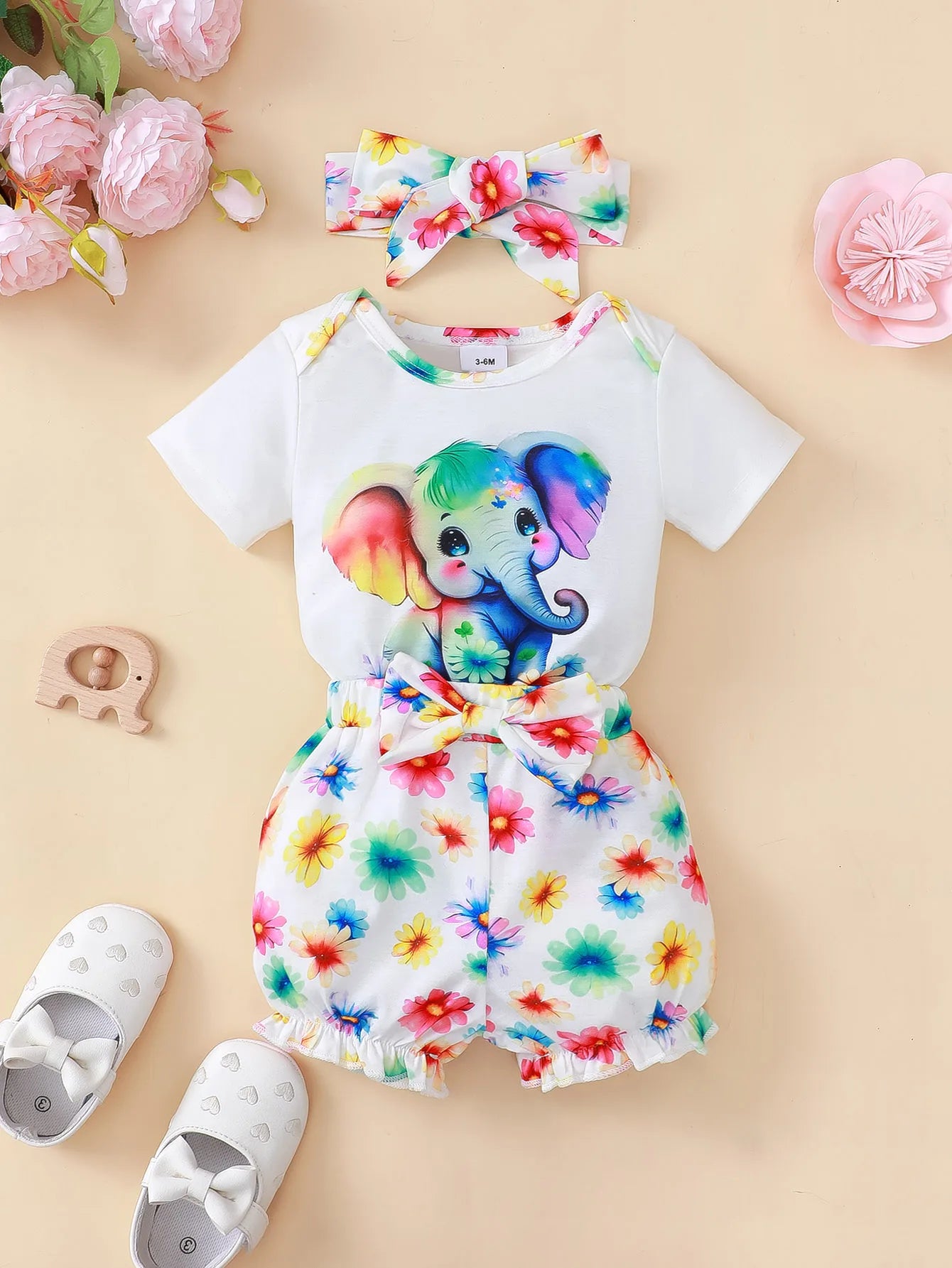 Newborn Baby Girl Clothing Set Short Sleeved Elephant Bodysuit+Flower Shorts Summer Casual Outfits for 0-24 Months Toddler 3pcs