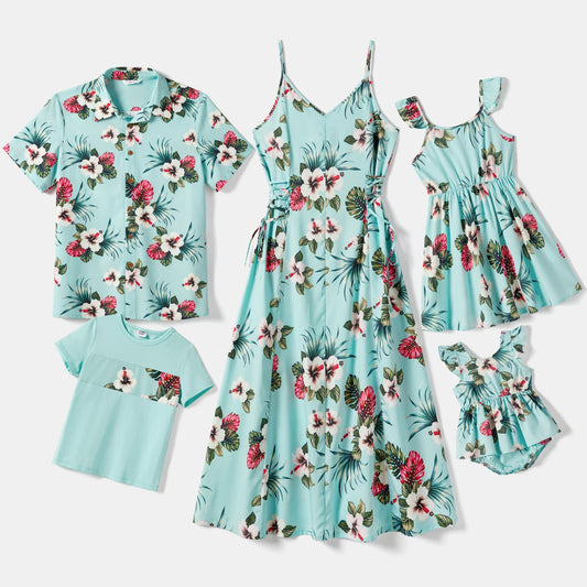 Family Matching All over Floral Print Cami Dresses and Short-sleeve Shirts/Tops Sets