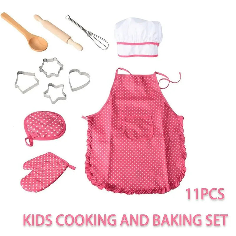 Kids Cooking Baking Set Chef Set, Includes Apron for Girls, Chef Hat, Mitt & Utensil Gifts for 3-10 Year Old Kids 11PCS