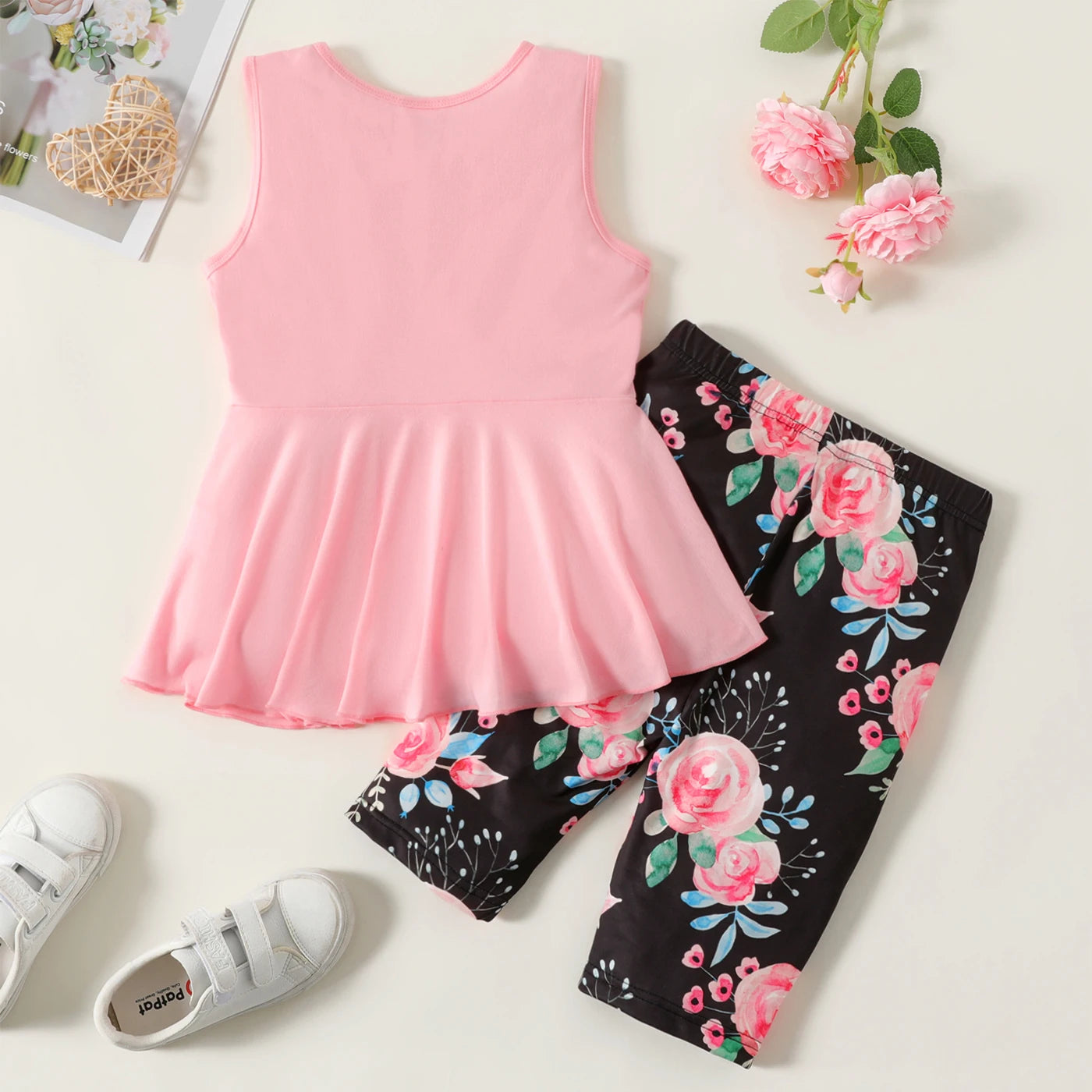 Kid Girl Bowknot Design Sleeveless Tee and Floral Print Leggings Shorts Set 2 pcs