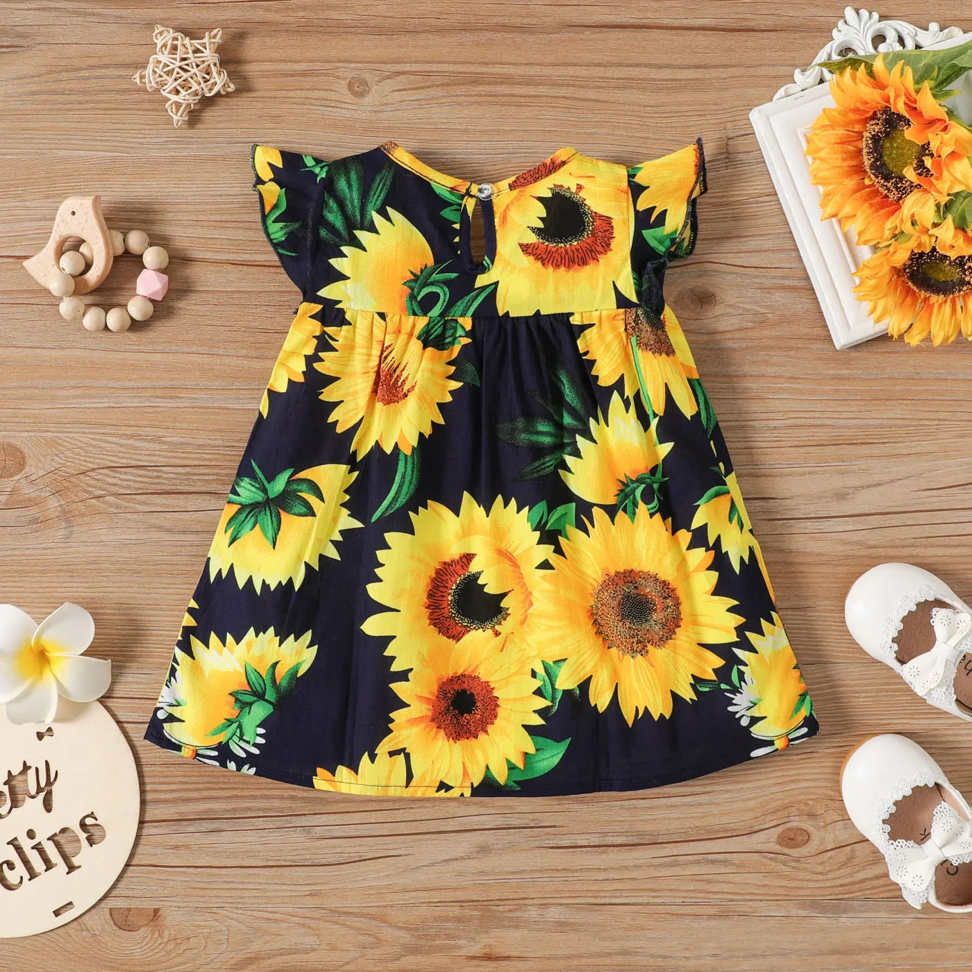 Baby Girl 100% Cotton Cotton Sunflower Print Flutter-sleeve Dress Suitable for Summer Season Soft and Comfortable