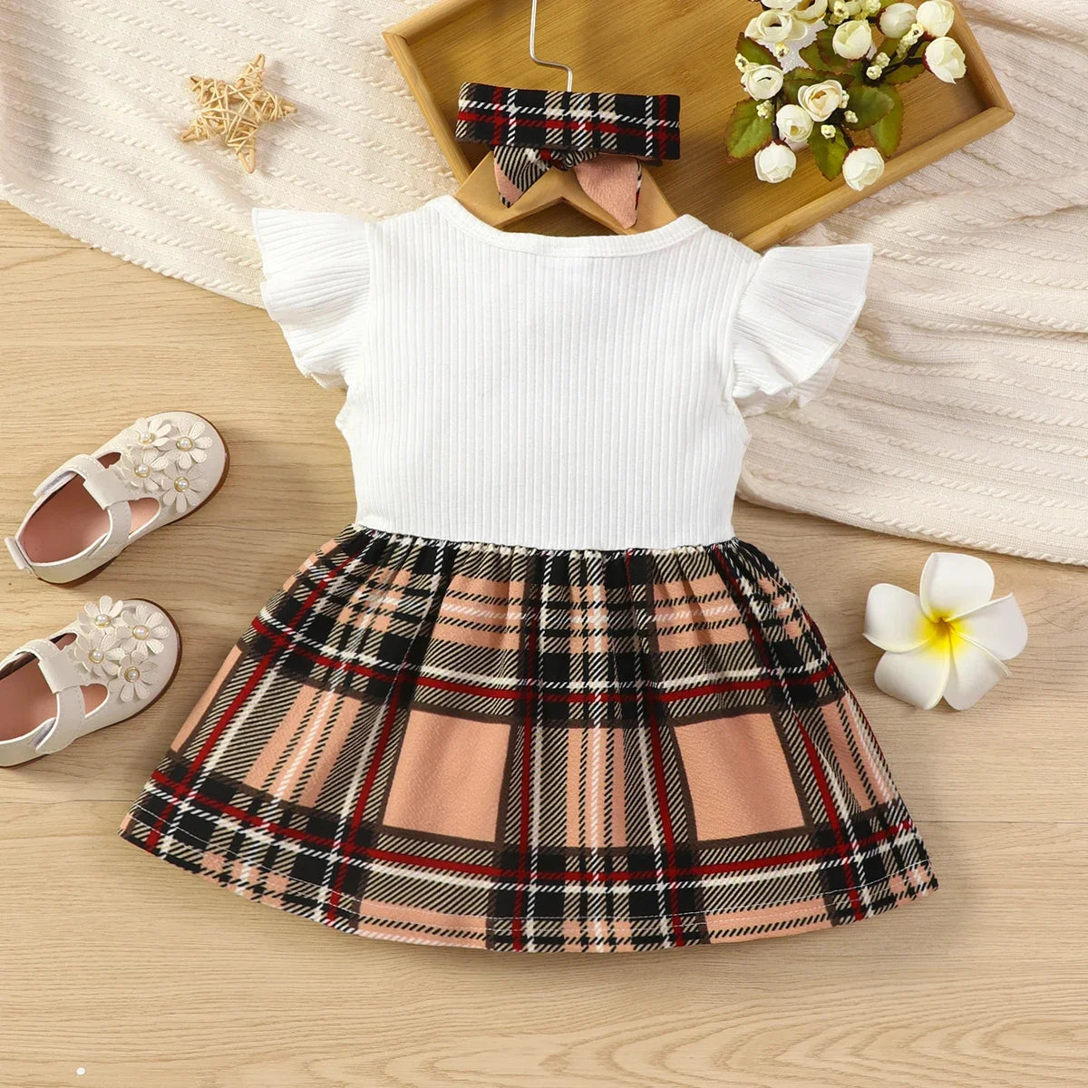 Baby Girl 95% Cotton Ribbed Flutter-sleeve Splicing Plaid Bowknot Dress with Headband Set Soft and Comfortable 2pcs