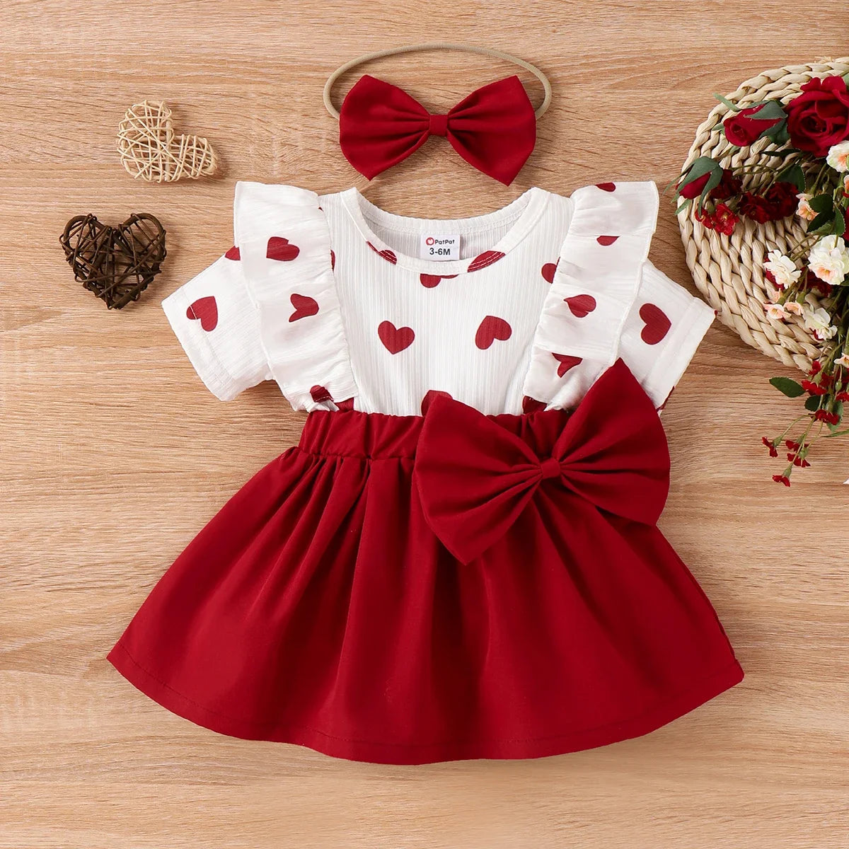 Baby Girl Heart Print Ruffled Short-sleeve Faux-two Bow Front Dress & Headband Set Soft and Comfortable 2pcs