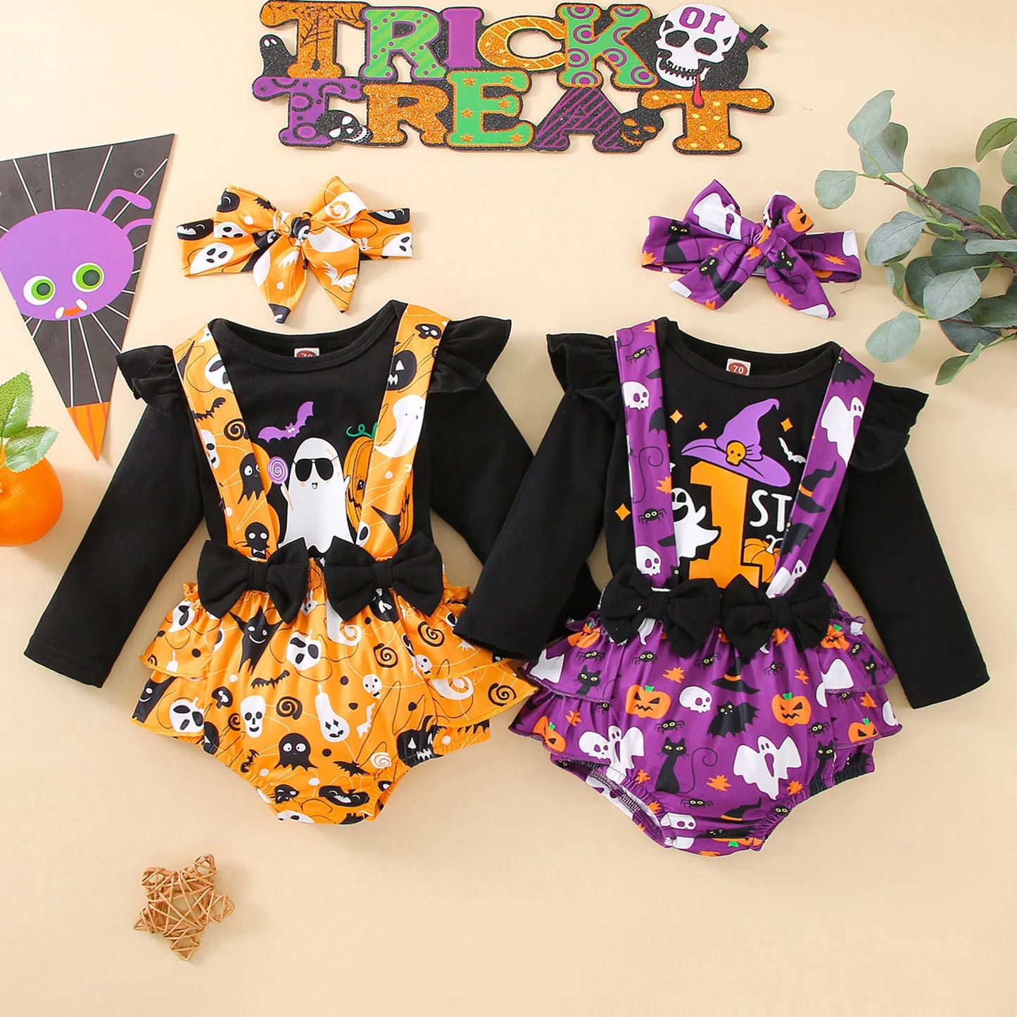 Infant Girls Clothes Sets Pumpkin Print Long Sleeve Tops+Suspenders Shorts+Headbands My First Halloween Costume 3pcs