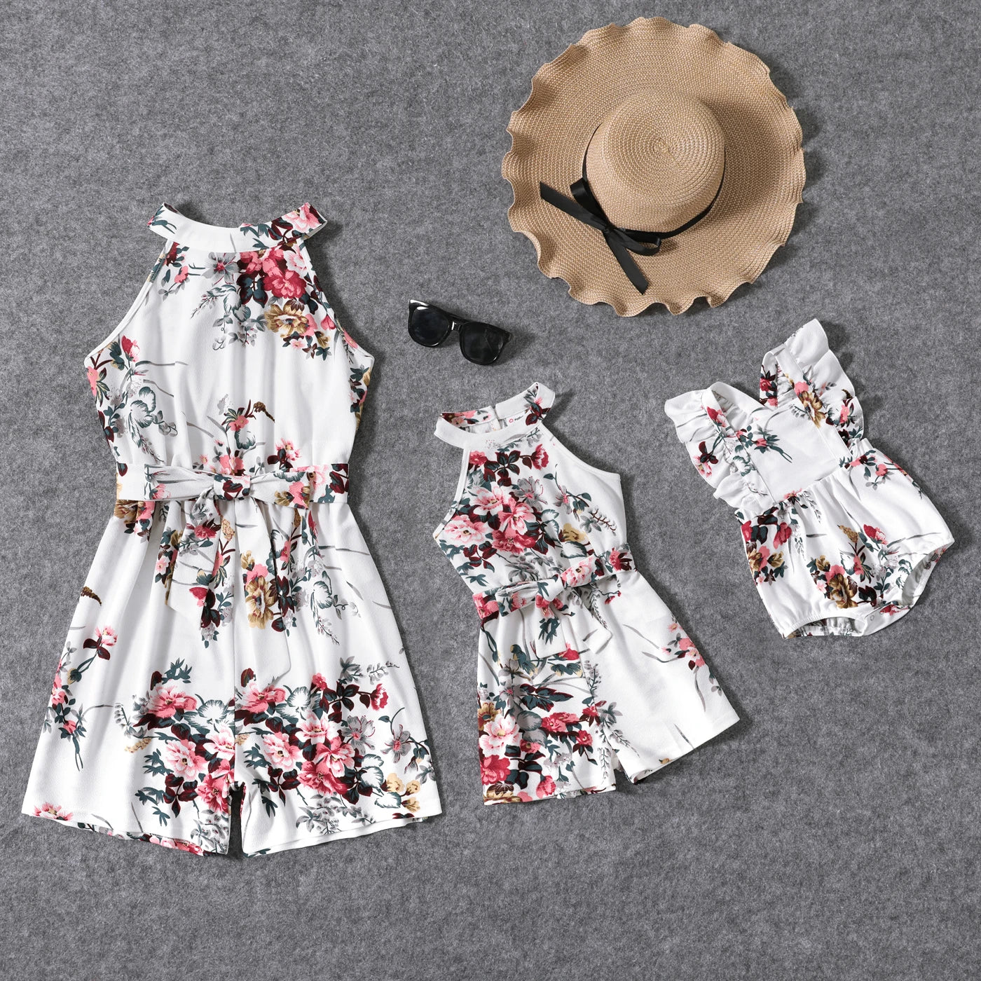 All Over Floral Print White Halter Neck Off Shoulder Belted Romper Shorts for Mom and Me