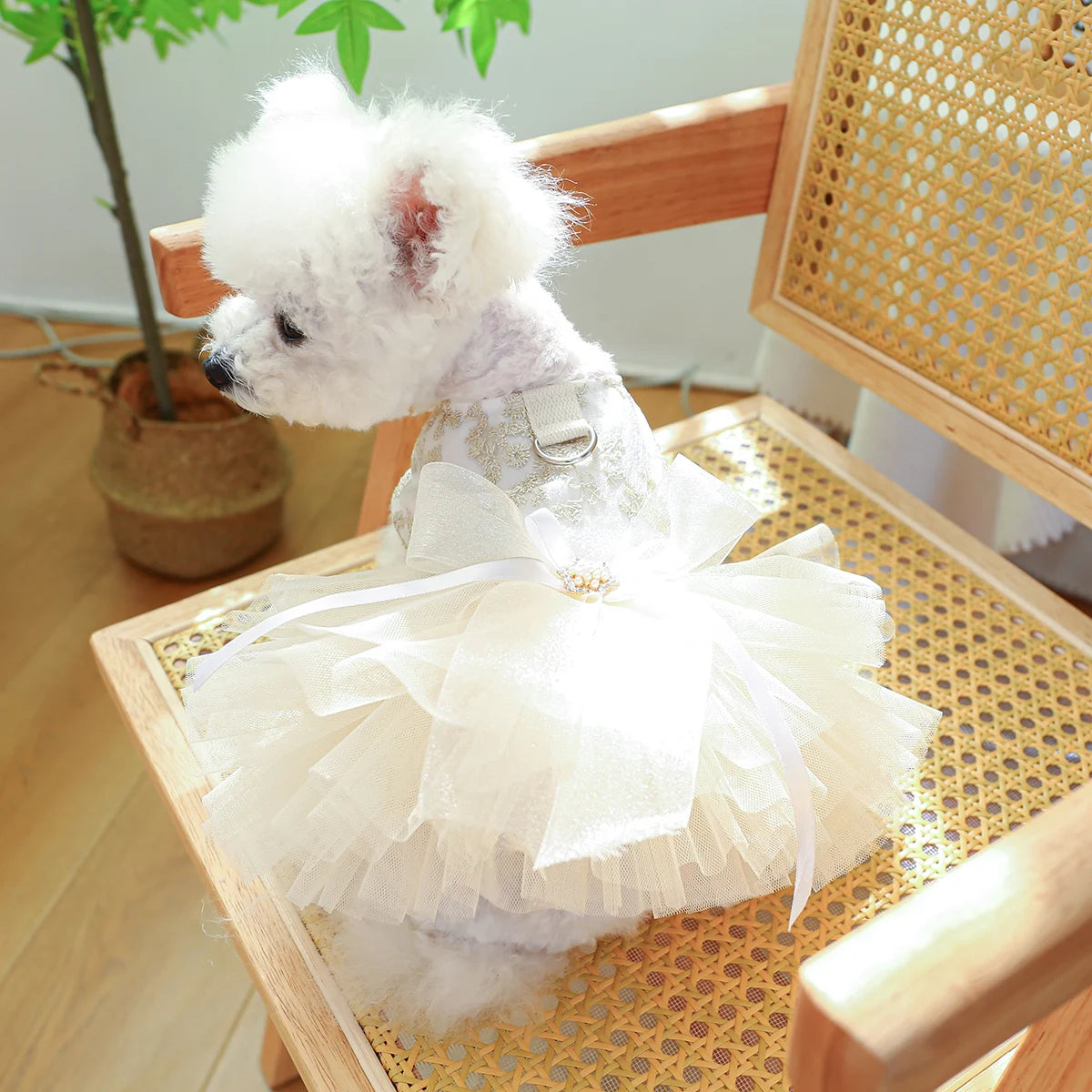 Pet Apparel Dog Spring/Summer Breathable White Wedding Dress Princess Dress with Pulling Cord Button For Small Medium Dogs