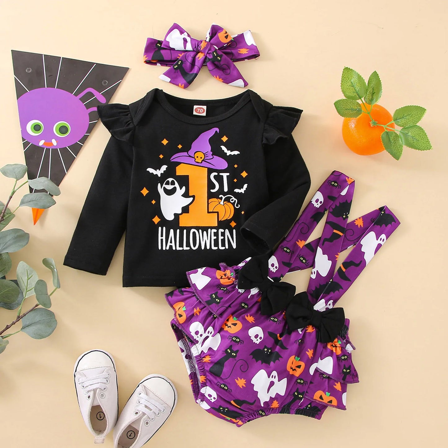 Infant Girls Clothes Sets Pumpkin Print Long Sleeve Tops+Suspenders Shorts+Headbands My First Halloween Costume 3pcs