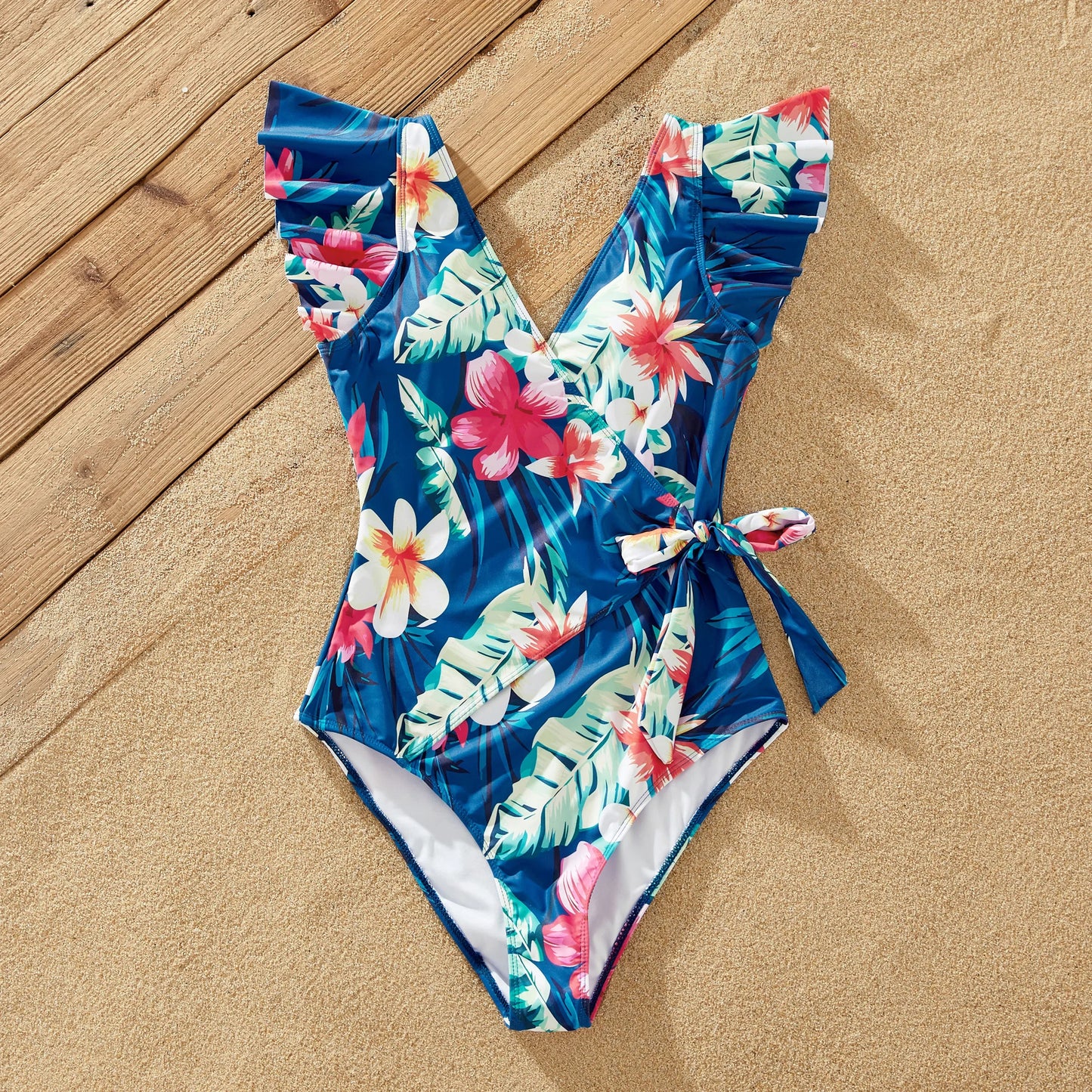 Family Matching Floral Drawstring Swim Trunks or Flutter Sleeves Knot Side One-piece Swimsuit Suitable for Summer Season