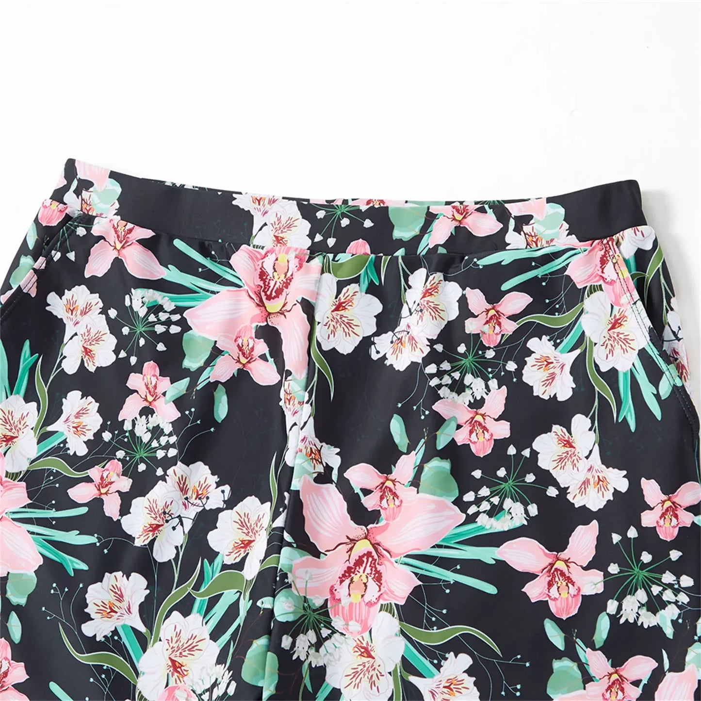 Family Matching All over Floral Print Swim Trunks Shorts and Ruffle-sleeve Belted One-Piece Swimsuit Suitable for Summer