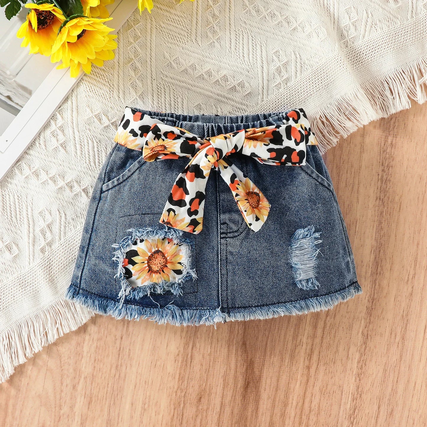 Baby Girl 100% Cotton Belted Ripped Denim Skirt and Letter Print Ribbed Flutter-sleeve Romper & Headband Set 3pcs