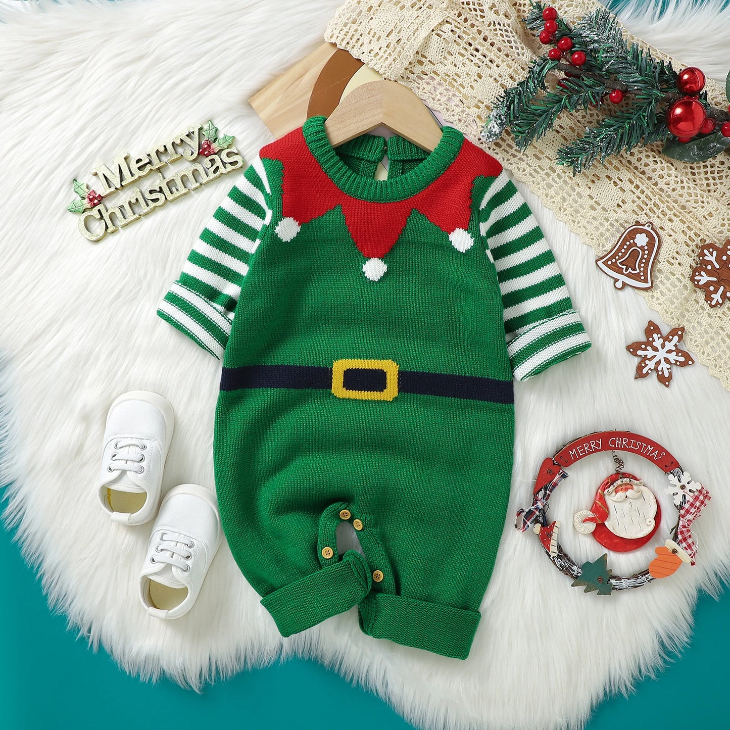 Baby Boy Girl Christmas Romper Knitted With Santa Green Christmas Jumpsuit New Year Costume Newborn Knit Christmas Clothes 0-24M