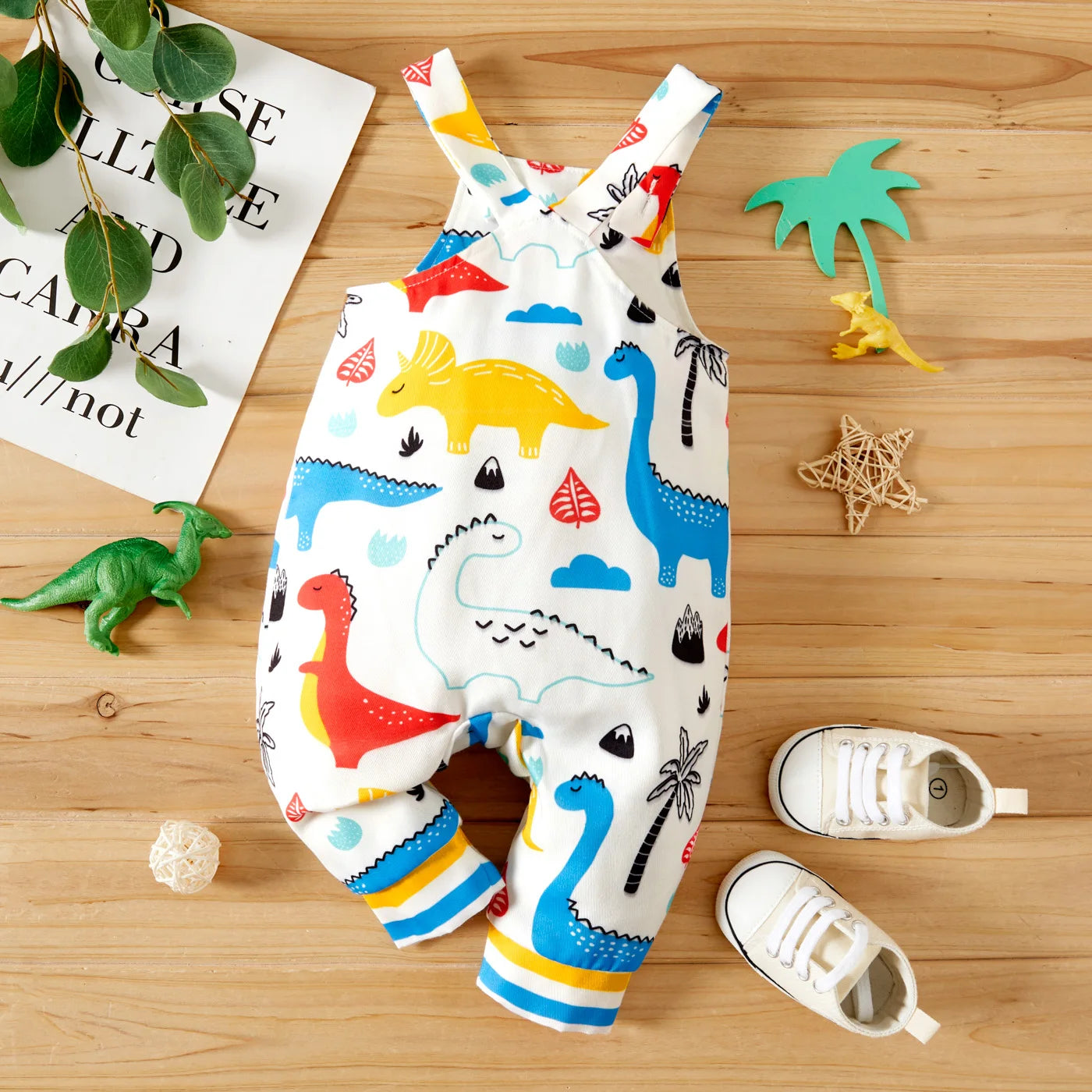 Baby Boy All Over Multicolor Dinosaur Print Sleeveless Jumpsuit Overalls Soft and Comfortable  Perfect for Outings