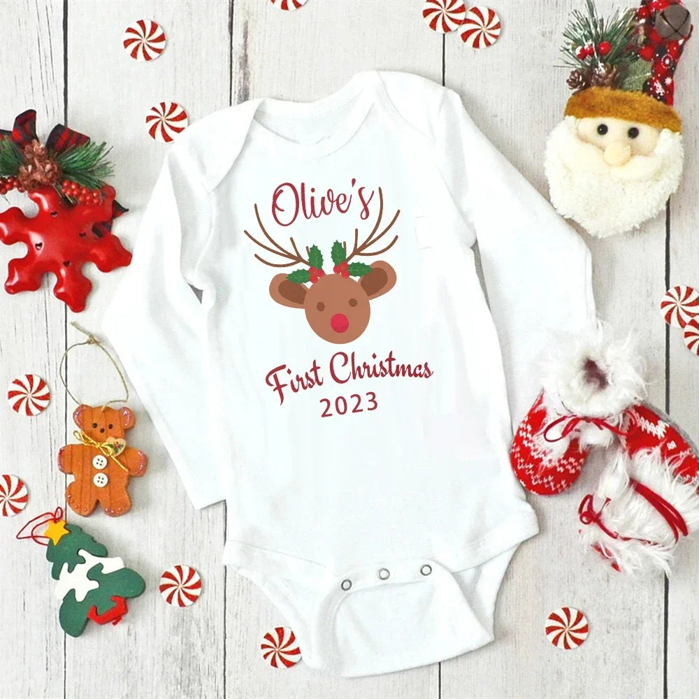 Personalised Baby First Christmas Bodysuits Custom Name Newborn Clothes Boys Girls Long Sleeve Jumpsuit Xmas Party Infant Outfit