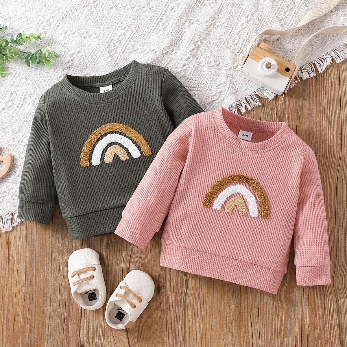 Baby Boy/Girl Rainbow Pattern Waffle Long-sleeve Pullover Sweatshirt Perfect for Outings and Daily Wear Basic Style