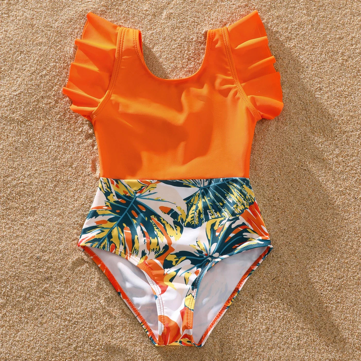 Family Matching Swimsuit Orange All Over Tropical Plant Print Splicing Ruffle One-Piece Swimsuit and Swim Trunks Shorts