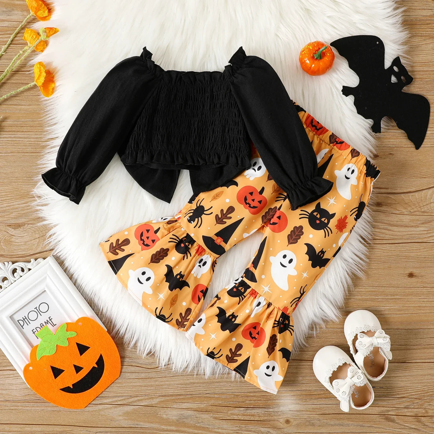 Halloween 2pcs Baby Girl Long-sleeve Bow Front Crop Top and Print Flared Pants Set Soft and Comfortable