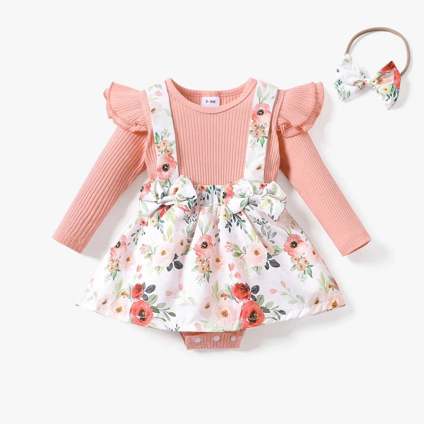 Ribbed 2pcs Floral Splicing Ruffle Long-sleeve Baby Romper Set Soft and Comfortable  Perfect for Outings and Daily Wear