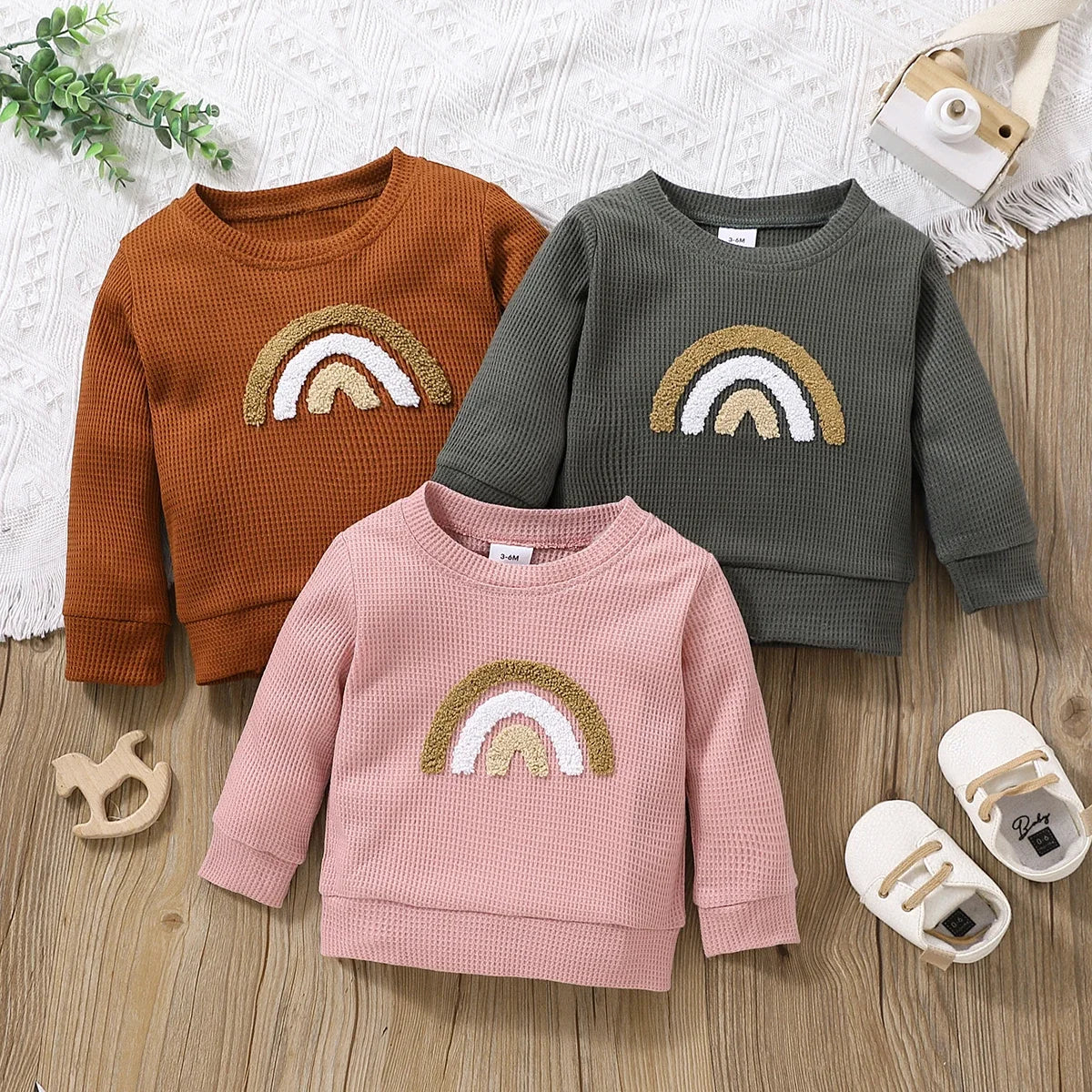 Baby Boy/Girl Rainbow Pattern Waffle Long-sleeve Pullover Sweatshirt Perfect for Outings and Daily Wear Basic Style