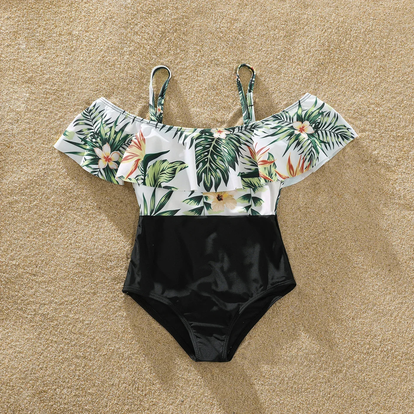 Summer Family Matching Swimsuit One Piece Plant Flounce Plumeria Print Family Matching Swimsuit Swimwear Clothes Sets