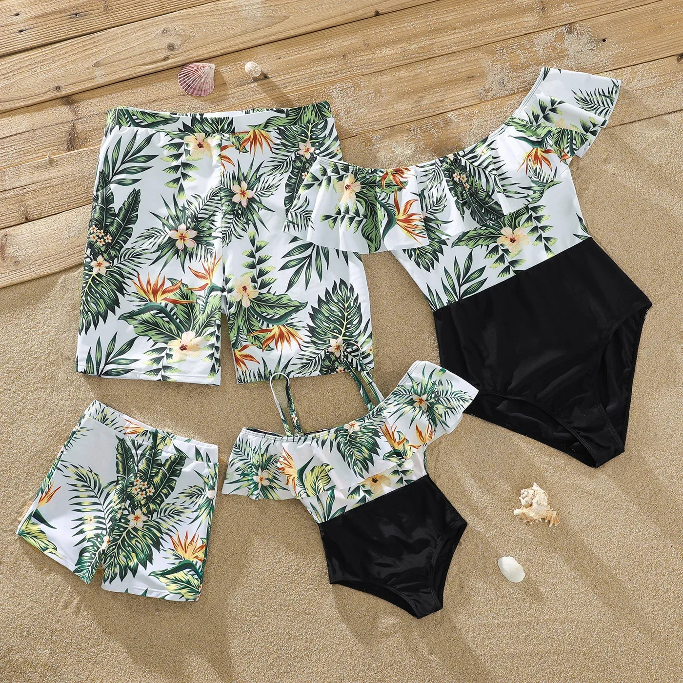 Summer Family Matching Swimsuit One Piece Plant Flounce Plumeria Print Family Matching Swimsuit Swimwear Clothes Sets