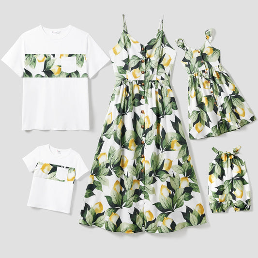 Family Matching T-Shirt and Floral Strap Button Up Dress with Pockets Sets Suitable for Summer Season