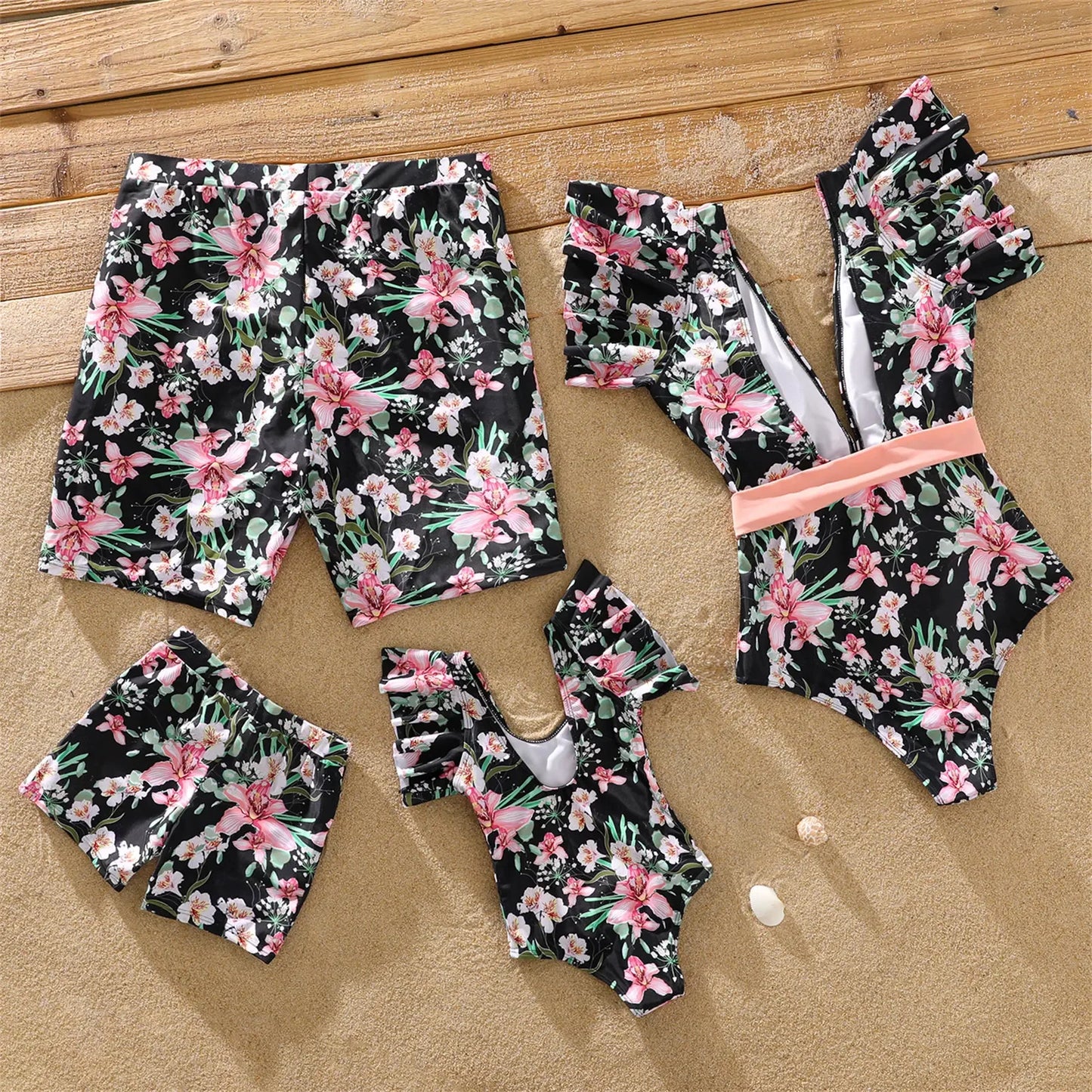 Family Matching All over Floral Print Swim Trunks Shorts and Ruffle-sleeve Belted One-Piece Swimsuit Suitable for Summer