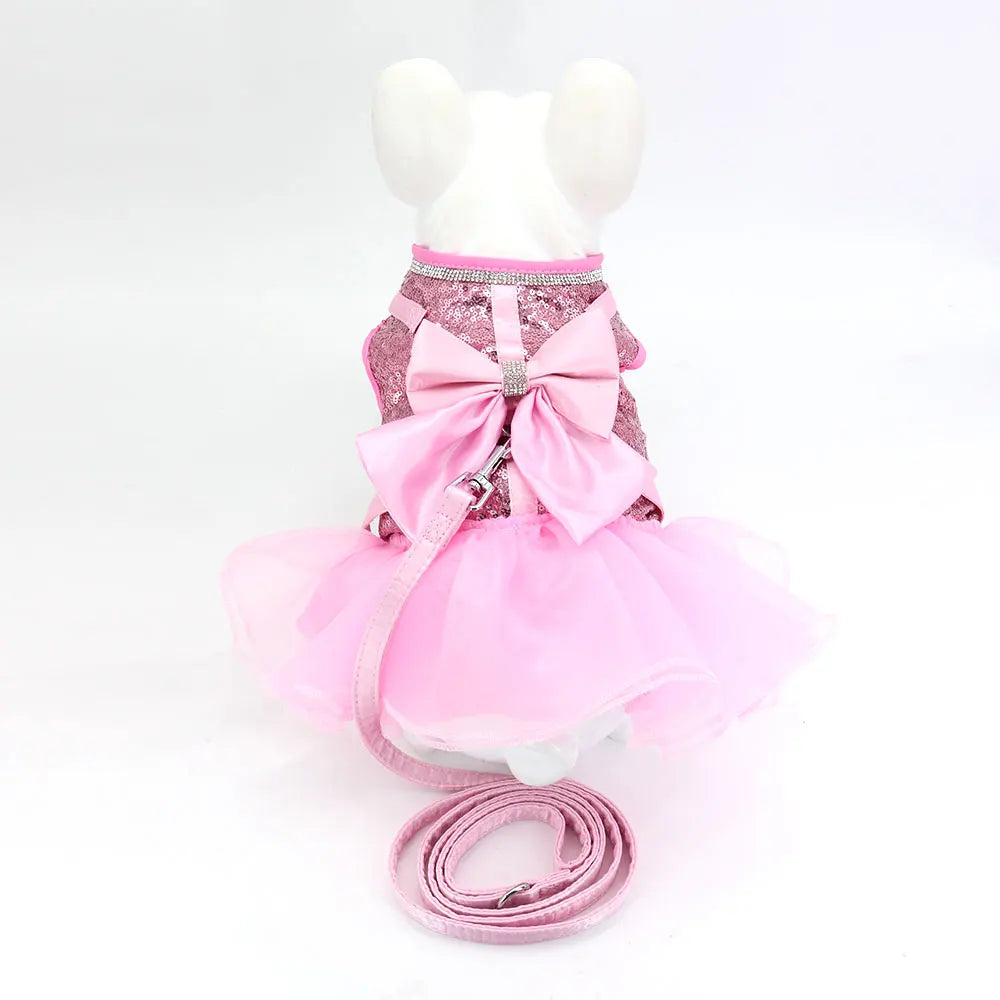 Pink Cat Dress Small Dogs Cats Summer Dresses With Cute Bowknot Bling Rhinestone Accessories Nylon Pet Vest Harness and Leash