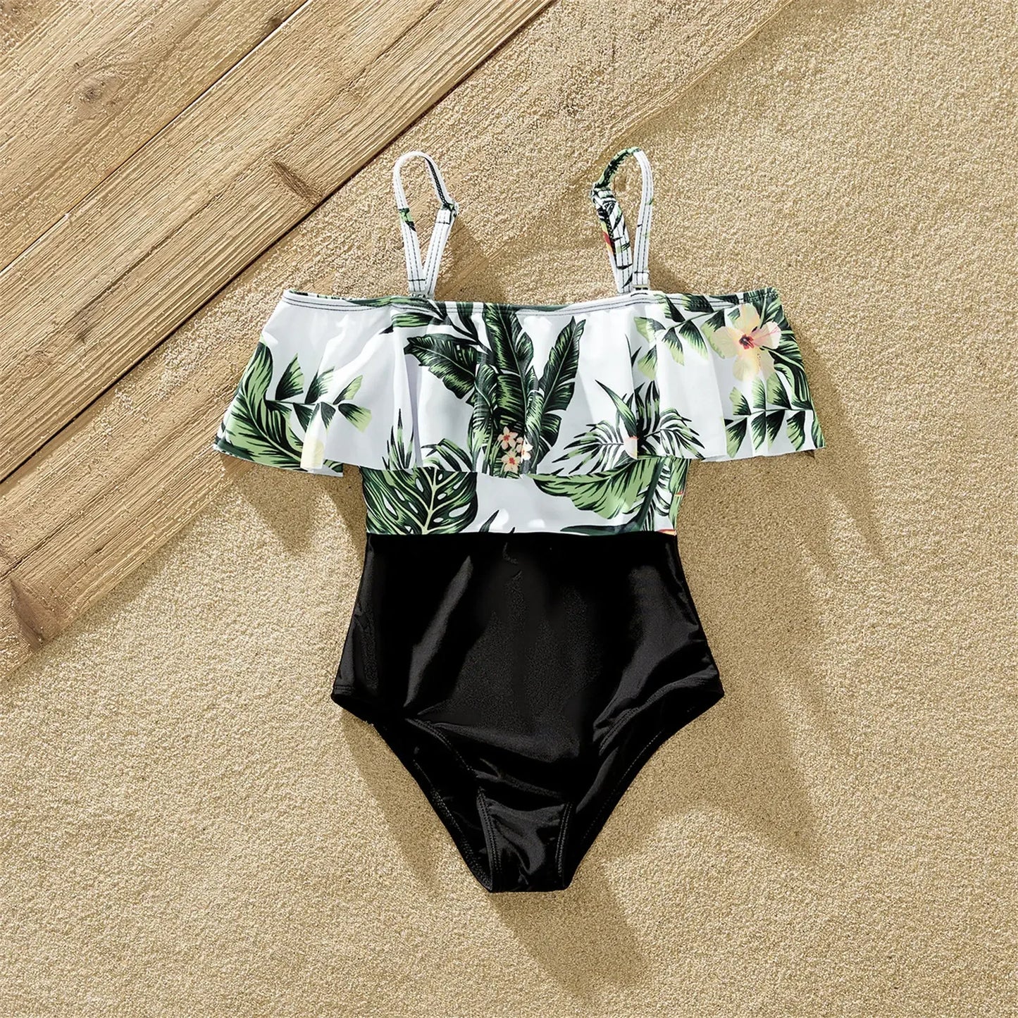 Summer Family Matching Swimsuit One Piece Plant Flounce Plumeria Print Family Matching Swimsuit Swimwear Clothes Sets