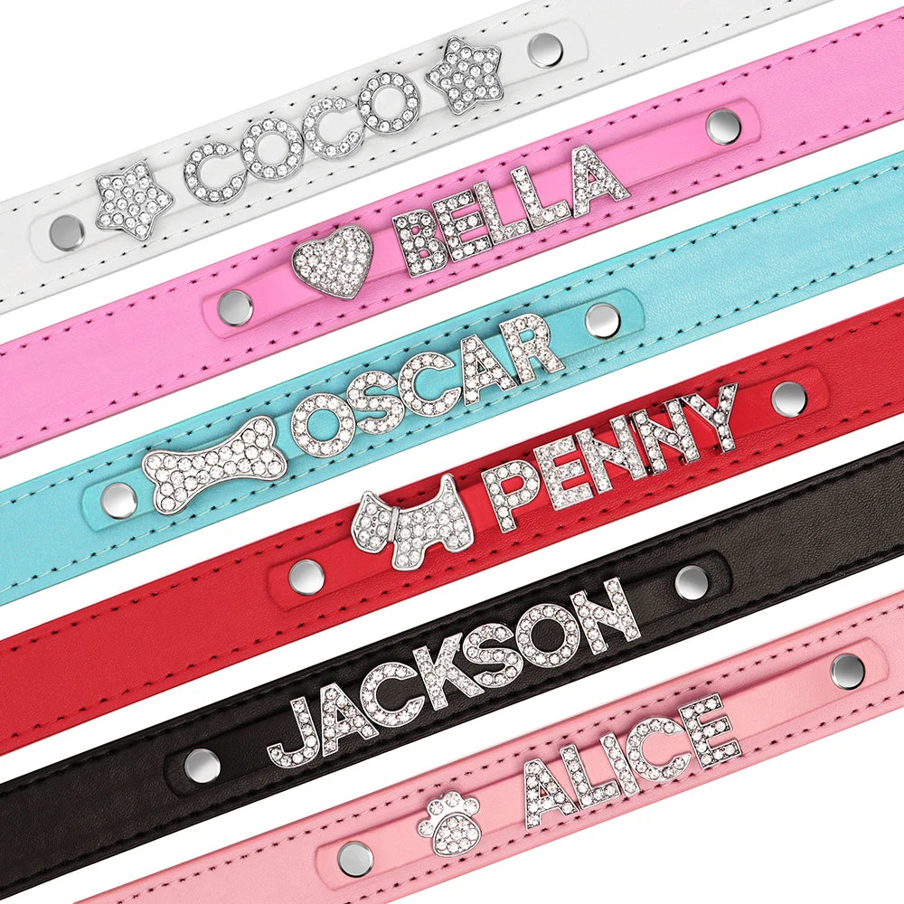 Personalized Leather Dog Puppy Collar Leash Set Bling Rhinestone Free Name Charms Collars For Small Medium Dogs Custom Necklace