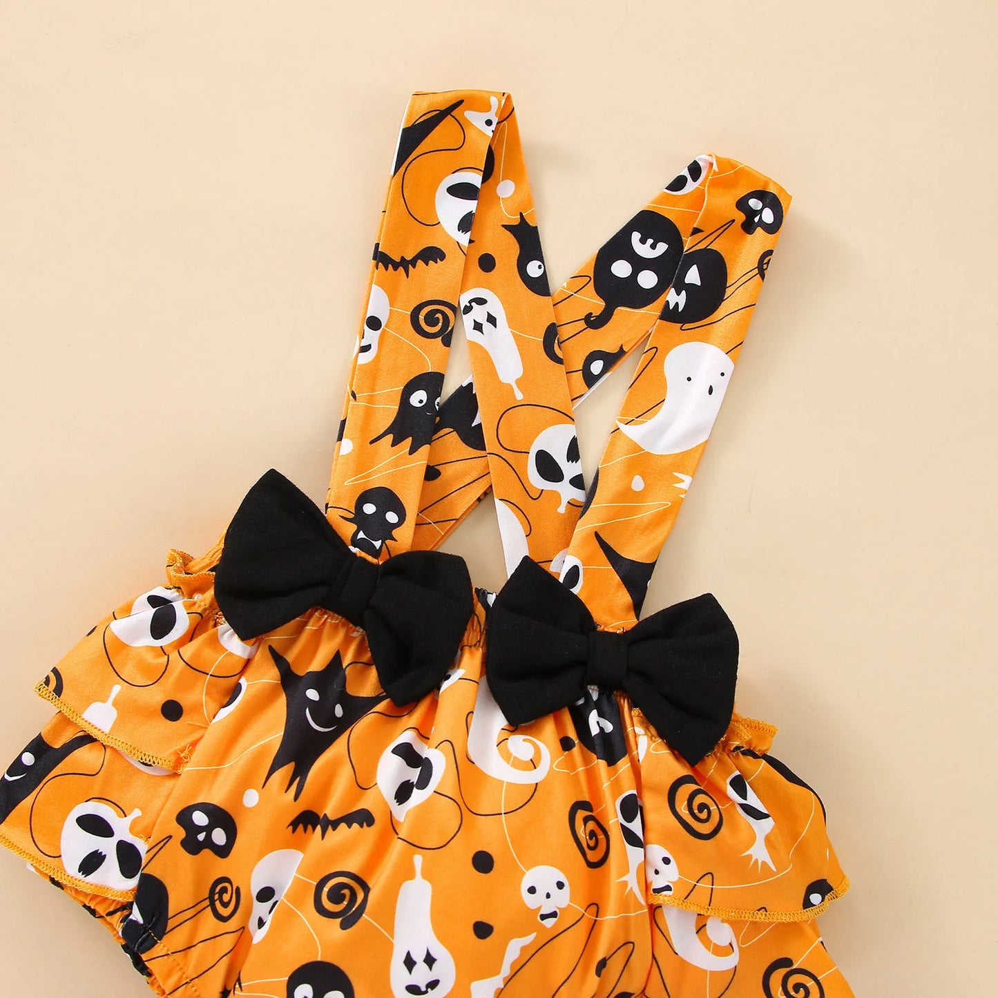 Infant Girls Clothes Sets Pumpkin Print Long Sleeve Tops+Suspenders Shorts+Headbands My First Halloween Costume 3pcs