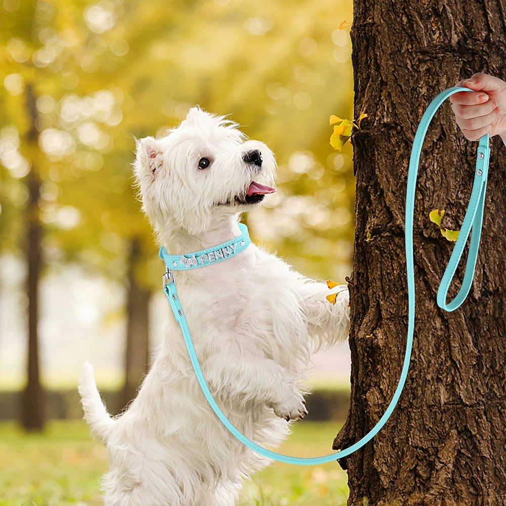 Personalized Leather Dog Puppy Collar Leash Set Bling Rhinestone Free Name Charms Collars For Small Medium Dogs Custom Necklace