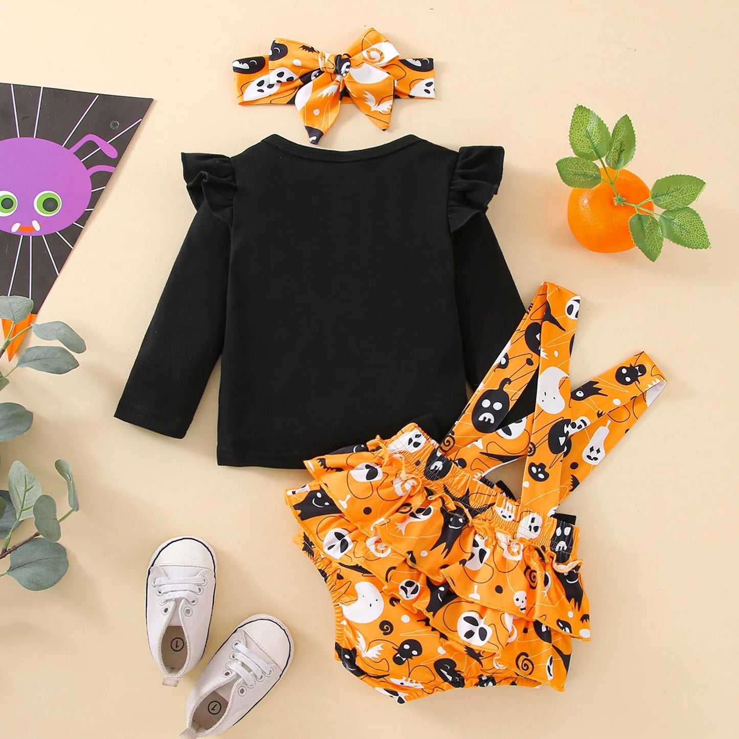 Infant Girls Clothes Sets Pumpkin Print Long Sleeve Tops+Suspenders Shorts+Headbands My First Halloween Costume 3pcs