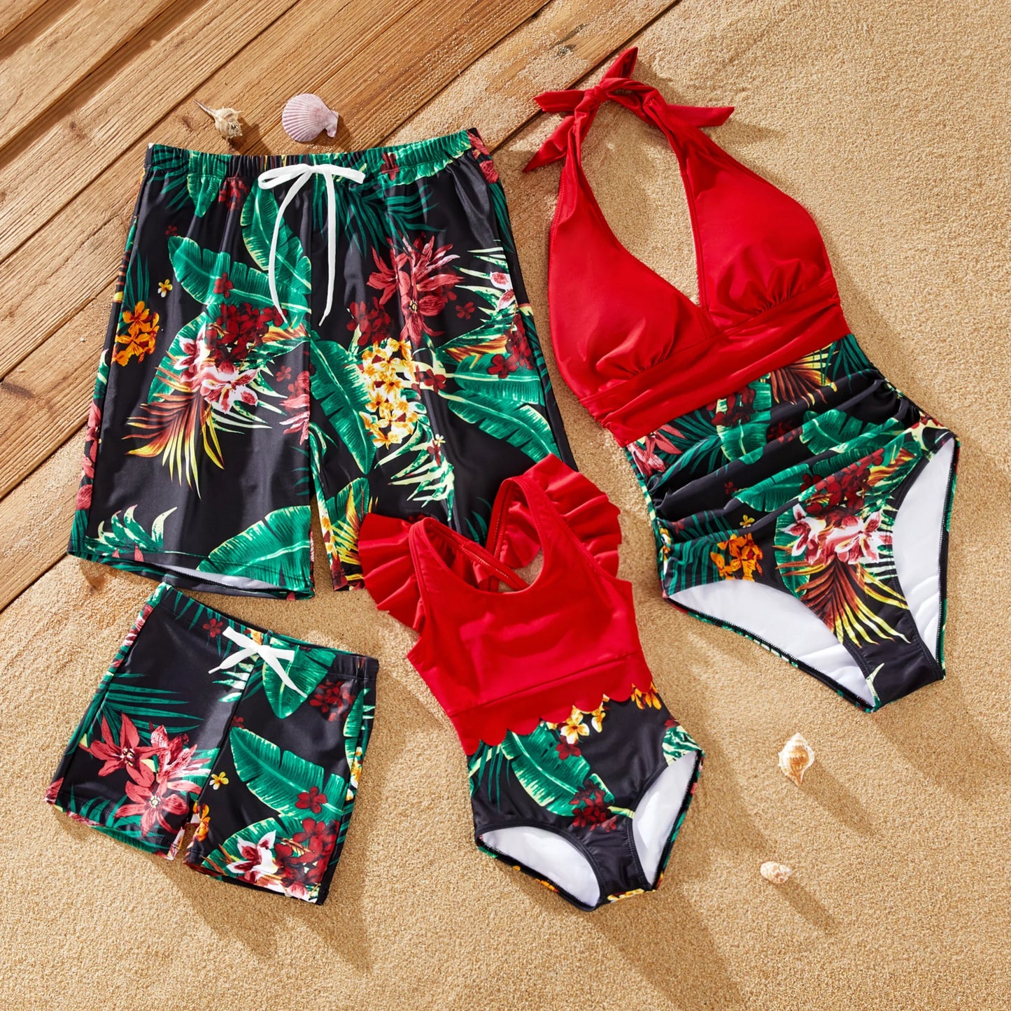 Family Matching Floral Drawstring Swim Trunks or Red Halter Top Spliced Swimsuit Suitable for Summer Season