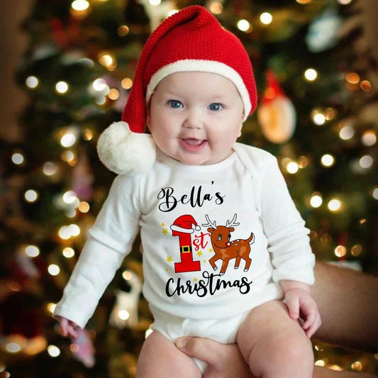 Personalised Baby First Christmas Bodysuits Custom Name Newborn Clothes Boys Girls Long Sleeve Jumpsuit Xmas Party Infant Outfit